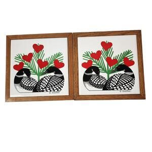Marino MN Loon Ceramic Tile Trivet Wall Art Wildlife Decor 7" Vintage Set Of 2